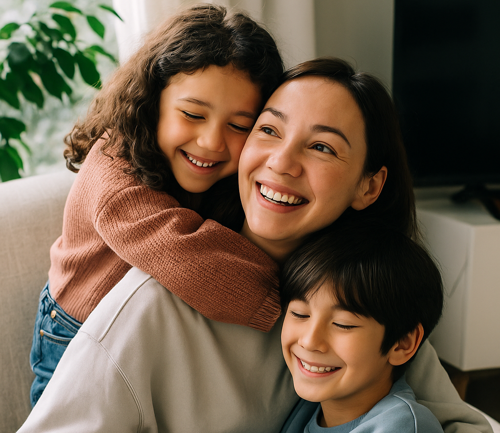 Smiling mother cuddling her two children on a couch, sharing a joyful moment together