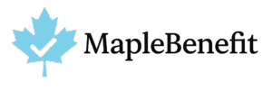 MapleBenefit logo featuring a glowing blue maple leaf with a checkmark