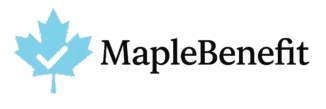 MapleBenefit logo featuring a glowing blue maple leaf with a checkmark