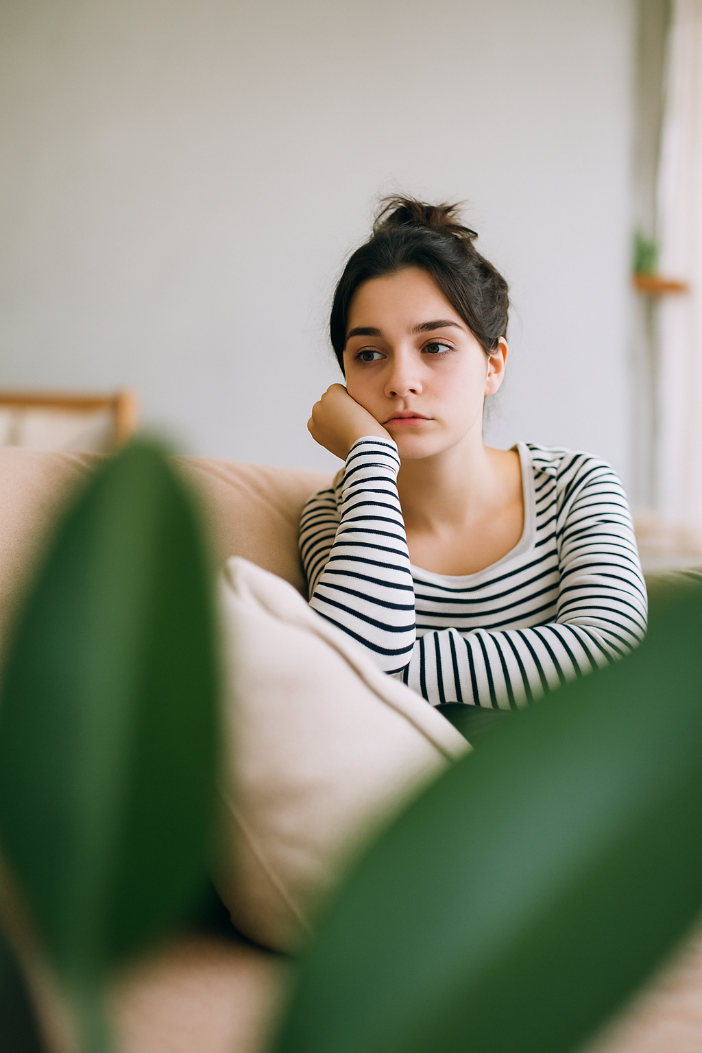 Young woman sitting quietly on a sofa, appearing thoughtful and introspective