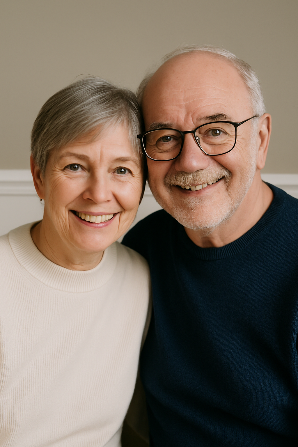 Portrait of Alex and Barbara Swider, an older couple smiling warmly at the camera in a softly lit room