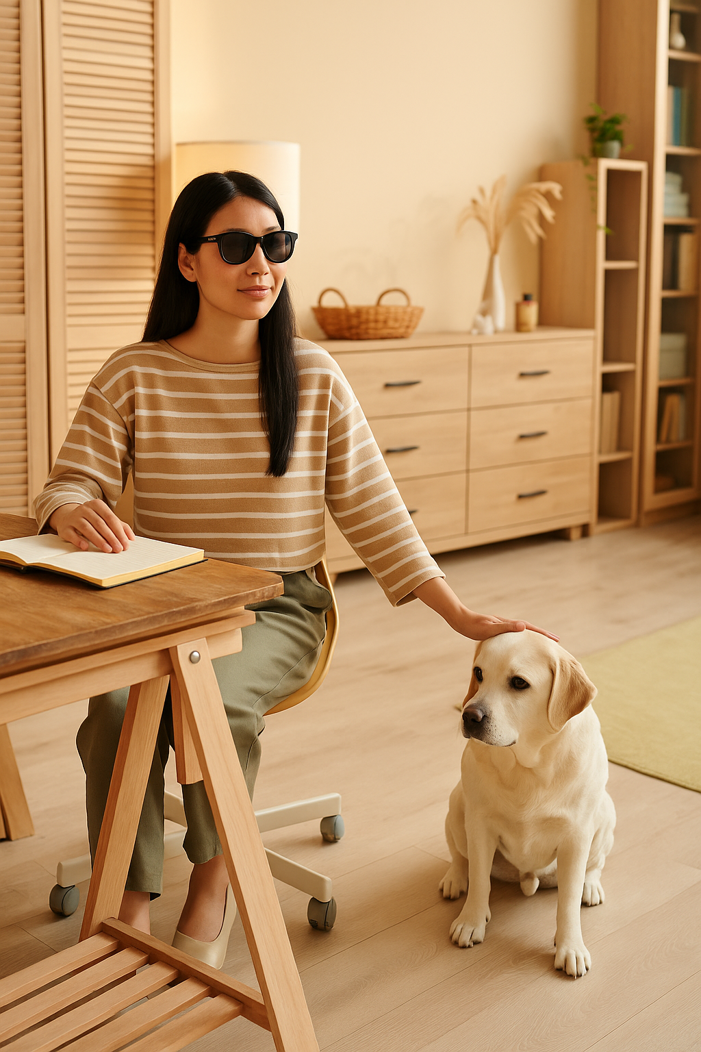 Young Asian woman wearing sunglasses seated at a desk, gently petting her guide dog in a warm, well-lit room