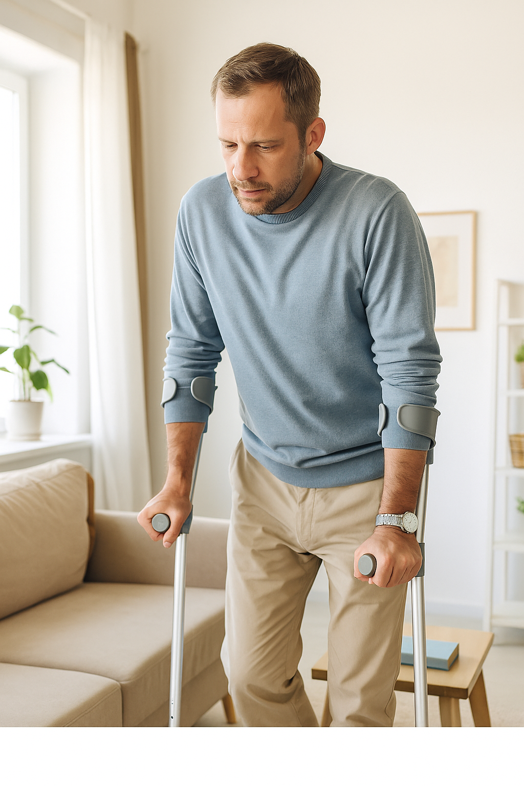 Middle-aged man using crutches in a bright living room, appearing focused and determined